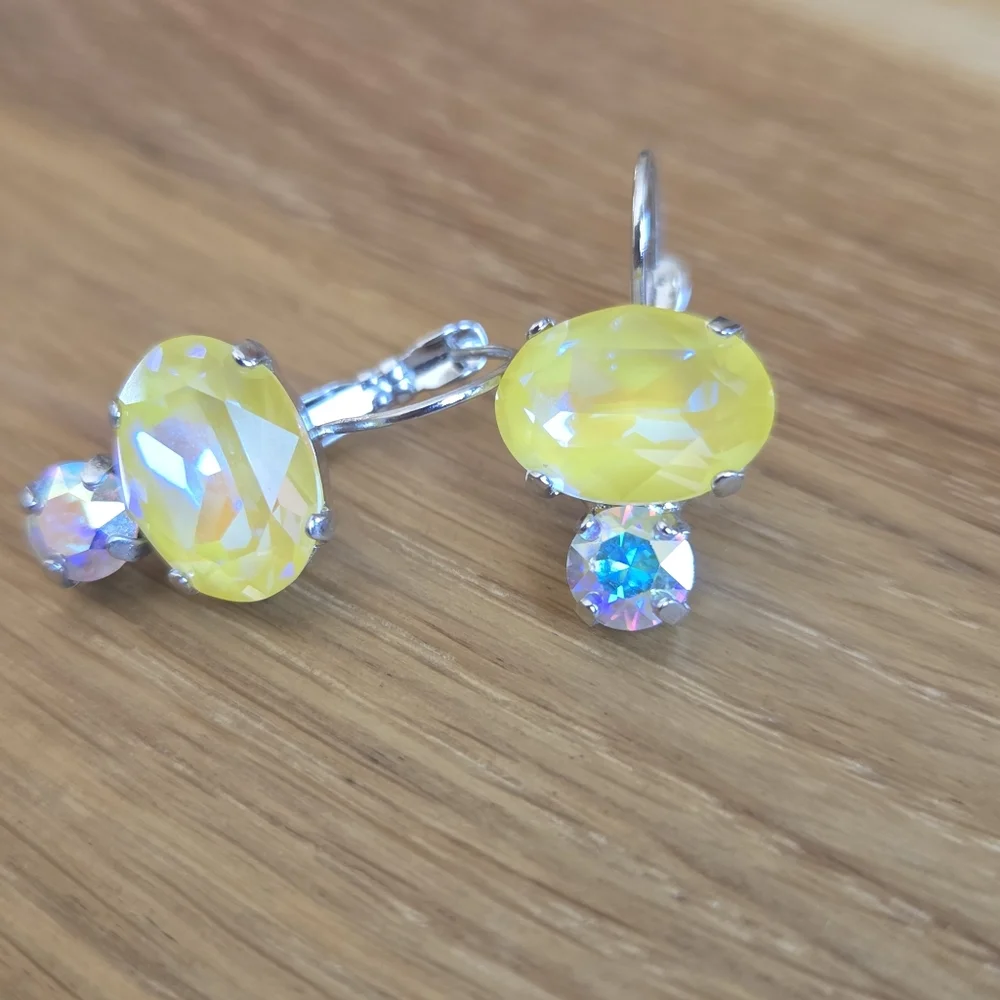 Silver Leverback Earrings with Yellow Sunshine Delite Crystals - Hand Crafted